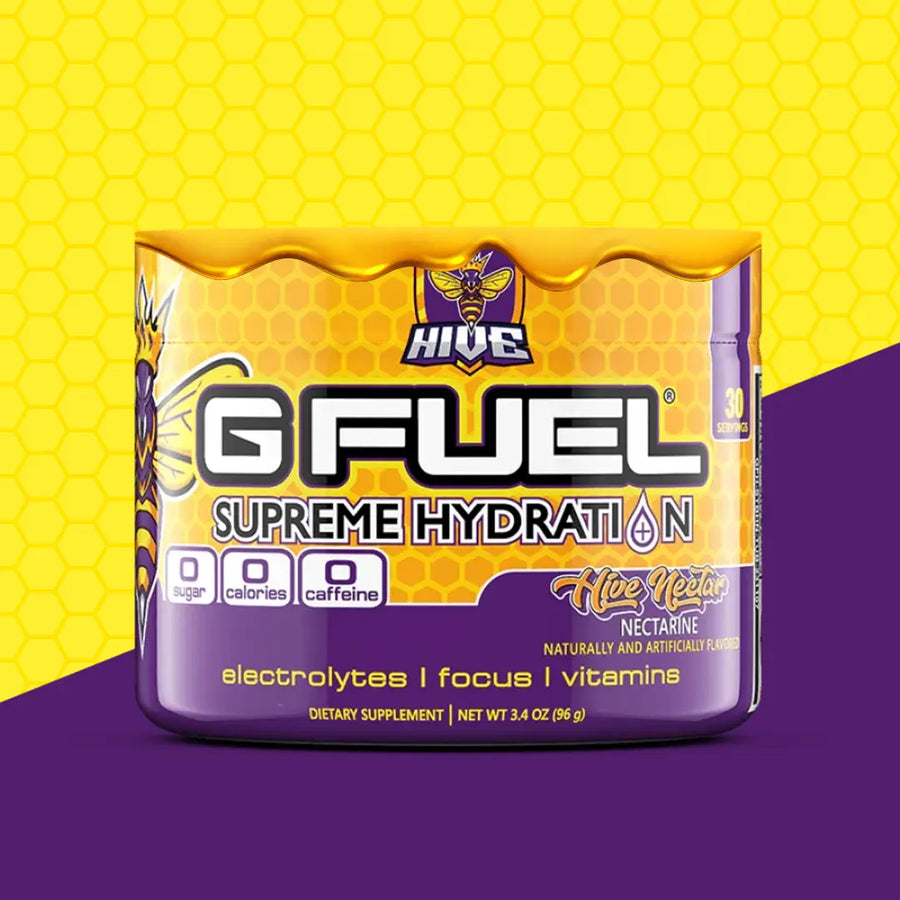 G FUEL caffeine free, Hive nectar, tub,  product front with matching background colors