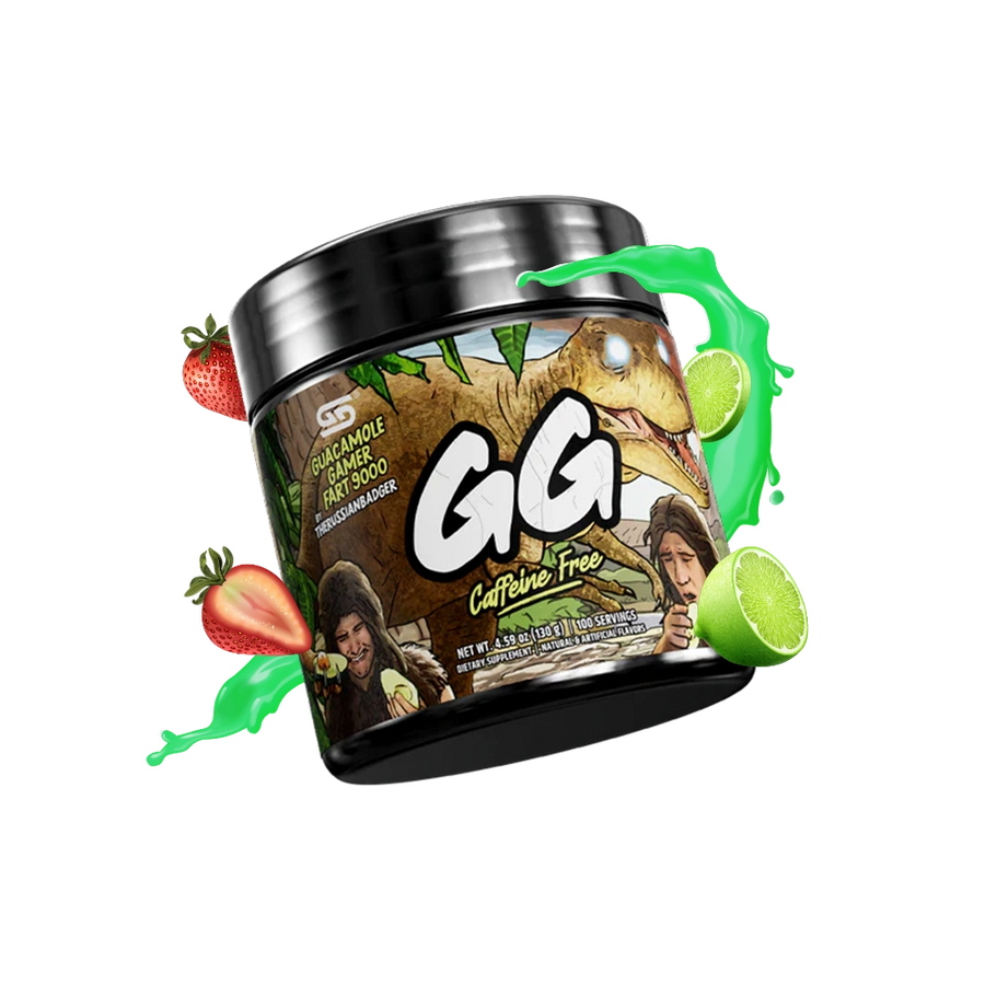 Gamersupps energy drink, Guacamole gamer fart 9000, tub,  product image with fruit and berries