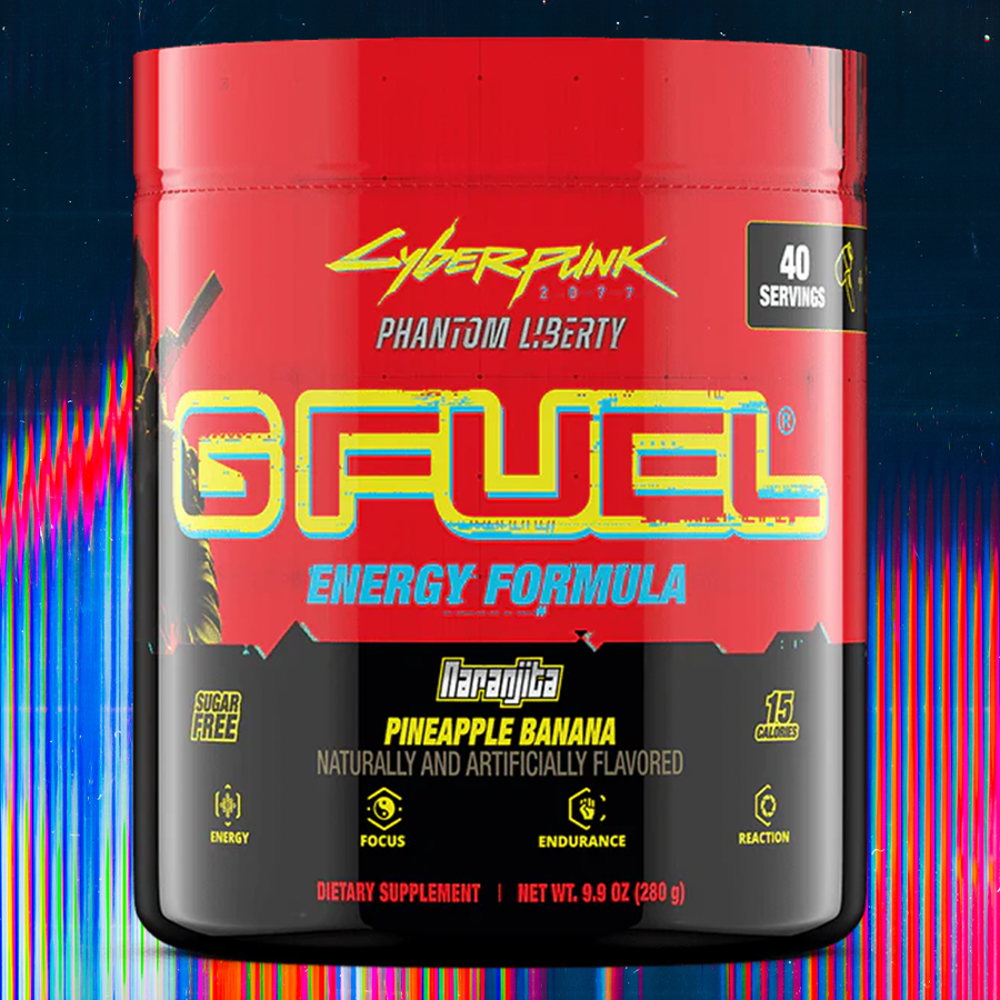 G FUEL energy, cyberpunk, Naranjita, tub,  product front with matching background