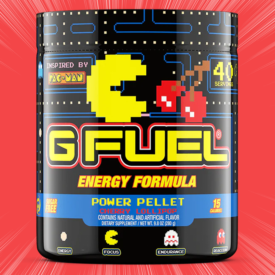 G FUEL energy, Pac man, Power Pellet, tub,  product front with a matching background