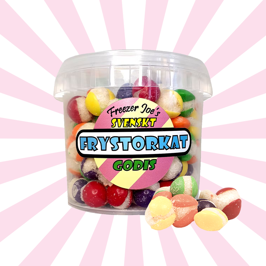 Front image of freeze dried candy rainbow pearls bucket background effect