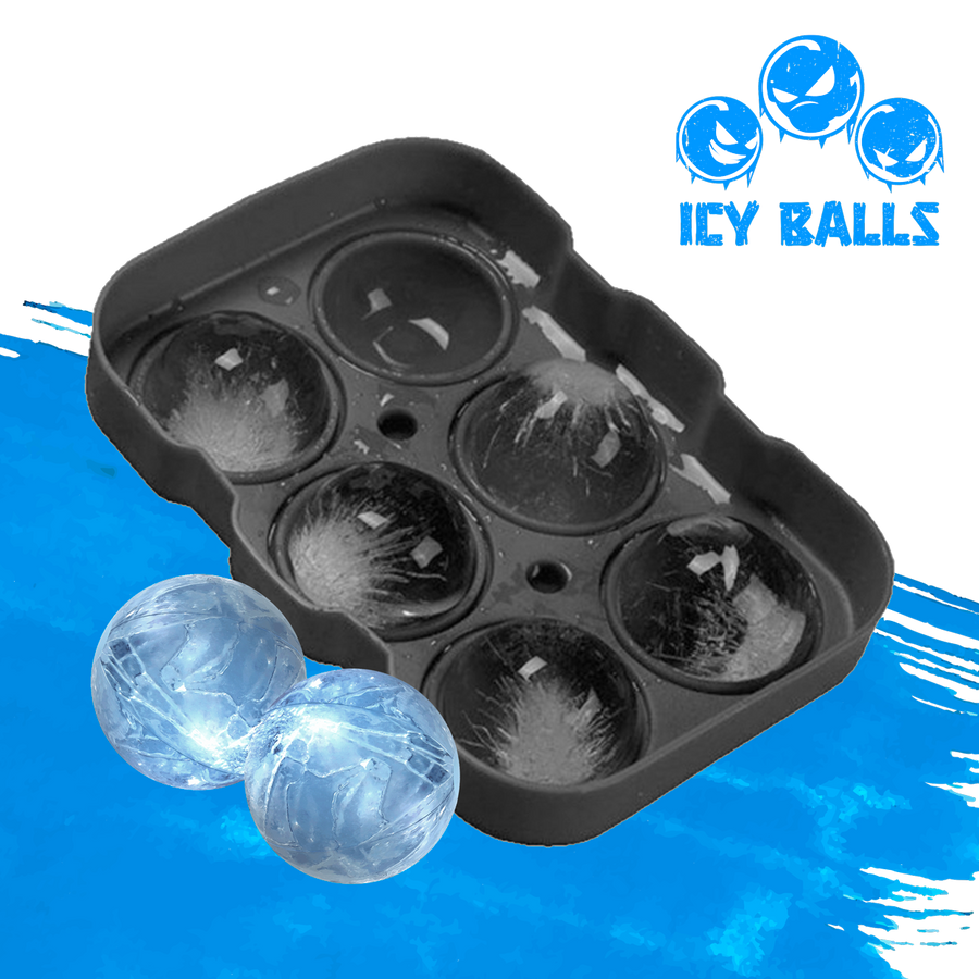 6 cavity ice cube tray, 3D ice cube balls, product front with a cool background